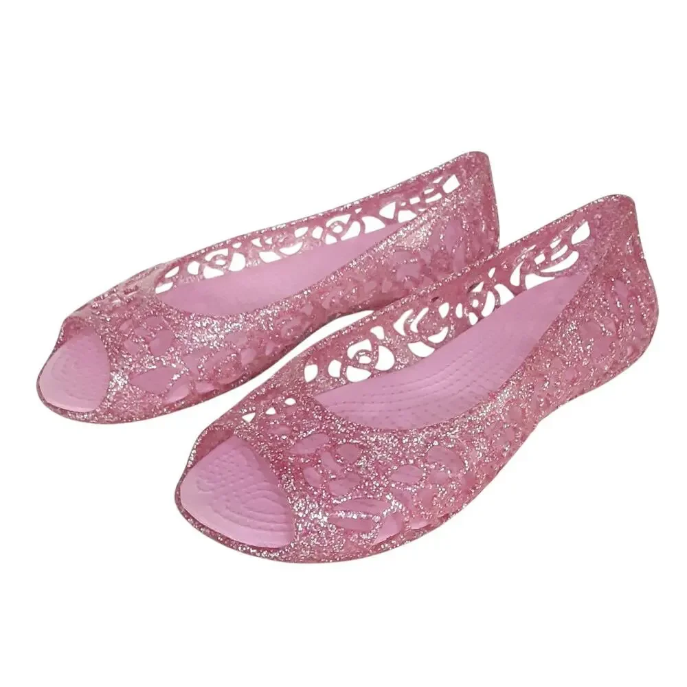 Crocs Isabella Gel Sandals Girls 1 Peep Toe Jelly Ballet Flats Pink Glitter Shoe